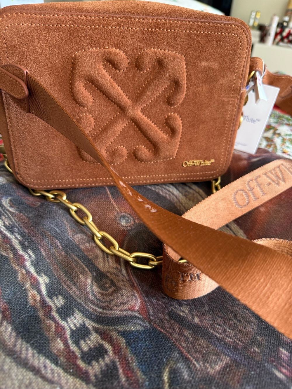 Off-White Suede Crossbody Bag in Rust Orange with Gold Chain